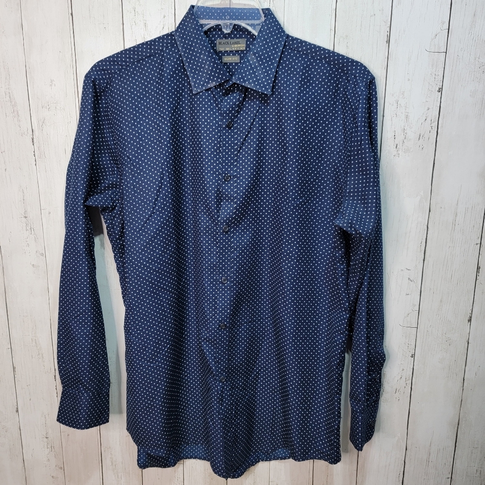 Black Label Ruffini Button Down Shirt Size Large Slim Fit Blue White Polka-dots.